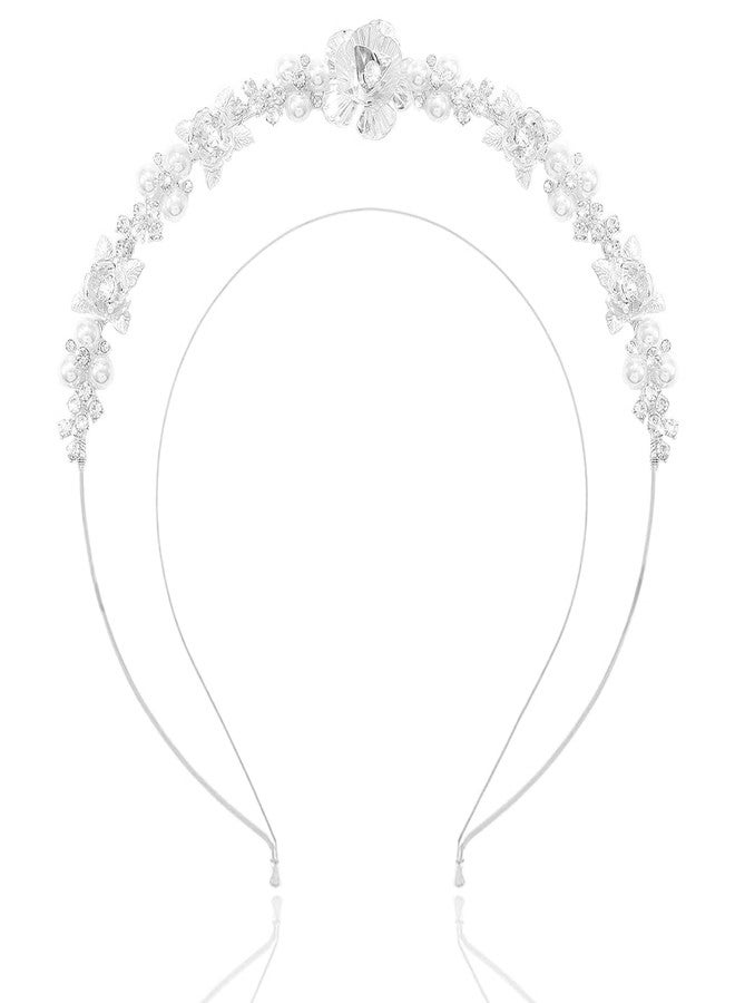 Fstrend Flower Crown Headband Silver Pearl Bride Wedding Tiaras Rhinestone Layered Headpiece Floral Bridal Princess Angel Prom Headwear for Women - Image 1